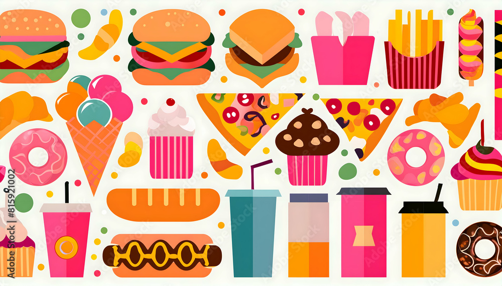 Collection Set of Fastfood, junk food, sweet and fat eating on digital art concept. Collection Set of Fastfood, junk food, sweet and fat eating on digital art concept.