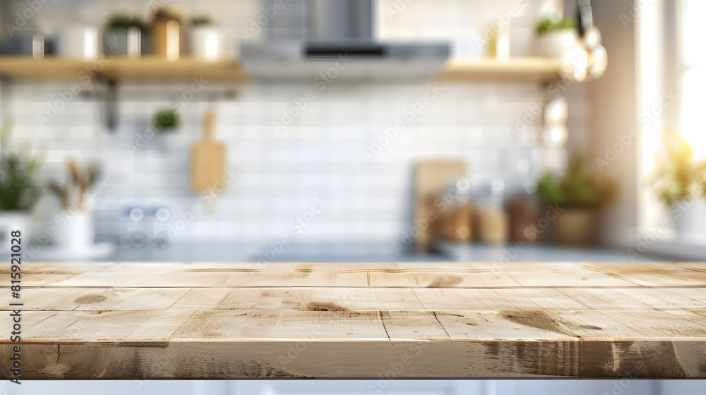 Empty Beautiful wood table top and blur bokeh modern kitchen interior background in clean and bright Ready for product montage : Generative AI Empty Beautiful wood table top and blur bokeh modern kitchen interior background in clean and bright Ready for product montage : Generative AI