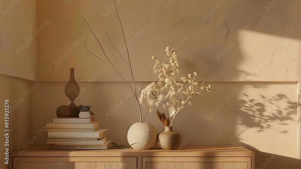Interior design of aesthetic living room interior with copy space wooden sideboard vase with dried flowers books modern sculpture beige wall with stucco and accessories Home decor Temp : Generative AI Interior design of aesthetic living room interior with copy space wooden sideboard vase with dried flowers books modern sculpture beige wall with stucco and accessories Home decor Temp : Generative AI