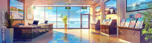 Travel Agency Office Floor  Featuring destination posters  travel brochures  booking desks  and agents assisting customers with vacation plans