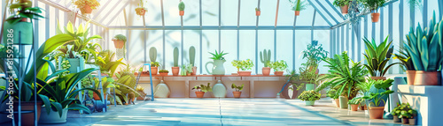 Greenhouse or Nursery Floor: Showing rows of potted plants, gardening supplies, watering stations, and staff caring for plants