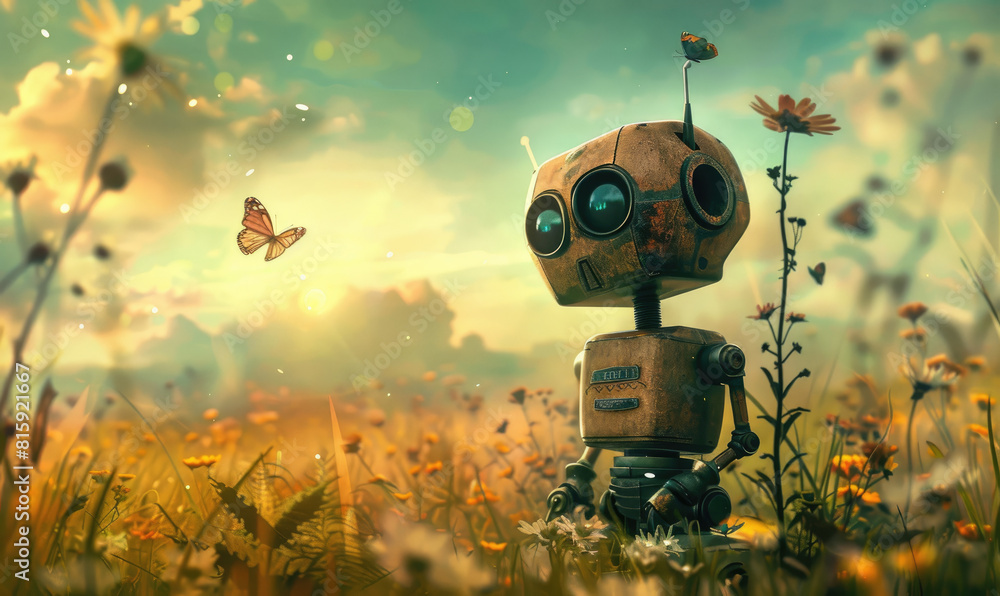 A cute robot is playing in the field with butterflies