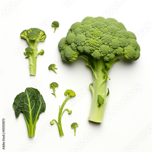 whole and sliced inflorescence Broccoli on white background