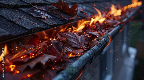Close-up of fiery leaves burning in a home's roof gutters, dramatic and urgent, ideal for awareness campaigns