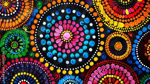 Close-up of Aboriginal dot painting, dreaming style art with vibrant colors on a black background, capturing the essence of traditional patterns