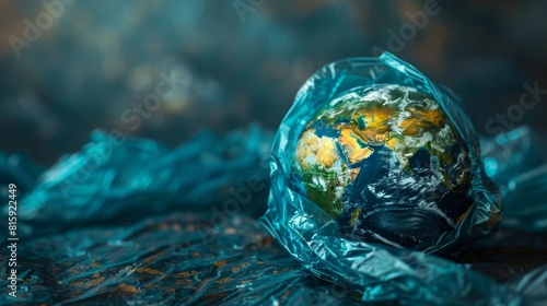 Close-up image of Earth wrapped in plastic  a powerful symbol of the environmental challenges and the importance of recycling initiatives