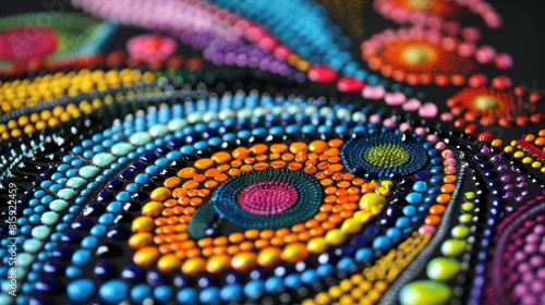 Close-up of Aboriginal dot painting  dreaming style art with vibrant colors on a black background  capturing the essence of traditional patterns