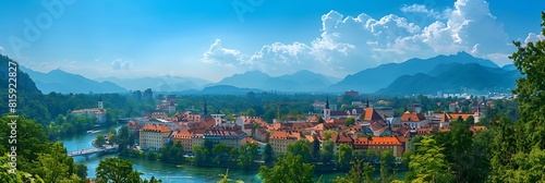 Ljubljana, Slovenia, August 5, 2019, Picturesque city view from the review site Ljubljanski grad realistic nature and landscape