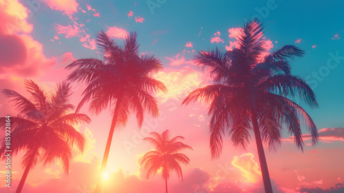 Tropical Beauty  Palm Trees Silhouetted against Vibrant Sunset Sky   Summer Evening Tranquility Captured with Ample Copyspace for Text