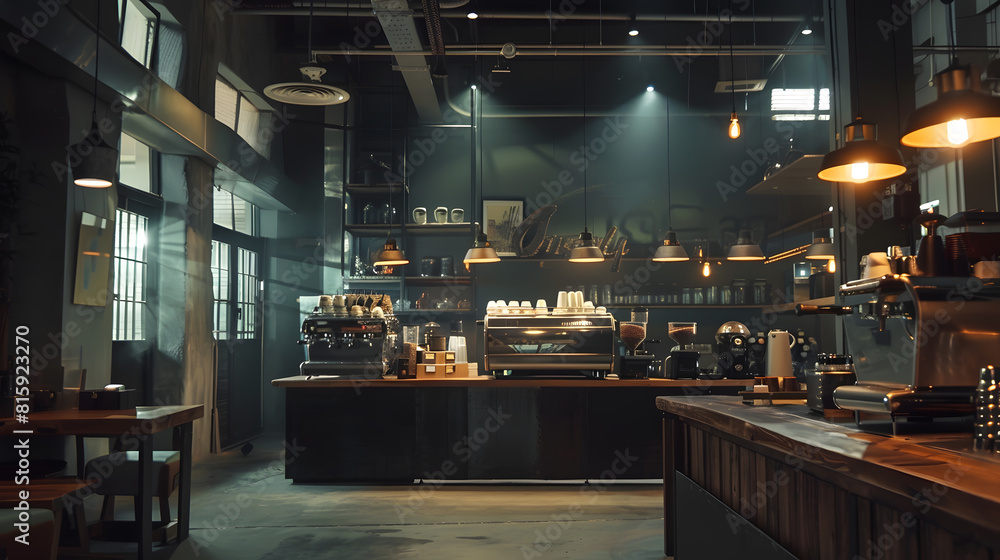 Layout in a loft style in dark colors open space interior view of various coffee Welcome open coffee shop background : Generative AI Layout in a loft style in dark colors open space interior view of various coffee Welcome open coffee shop background : Generative AI