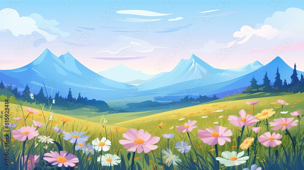 Fototapeta premium wildflowers in a meadow flat design front view natural landscape theme cartoon drawing colored pastel