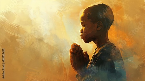 african american youth praying with clasped hands in misty light digital painting
