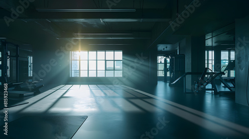 Gym interior and empty space or dark room with window and light flare for exercise training and fitness workout No people sports club and floor layout of exercising venue facility and    Generative AI