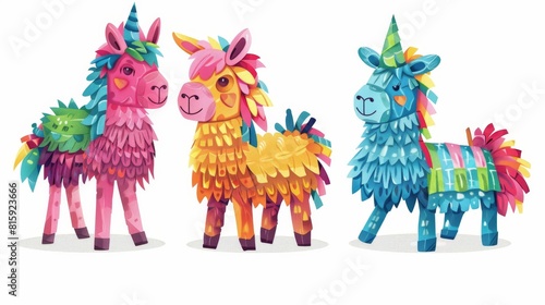 Donkey and llama Mexican pinatas, colorful toys with treats for child birthday celebration, carnival or fiesta, cute animals paper containers for candies, modern illustration of cartoon characters,