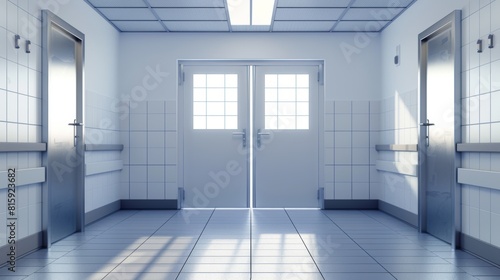 Lab doors, hospital corridors, kitchens, medicine cabinets. Empty interior with double metal doors and rectangular windows, hall with white walls, tiled floor.