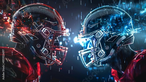 american football helmets clashing in championship match sports poster with hud overlays photo