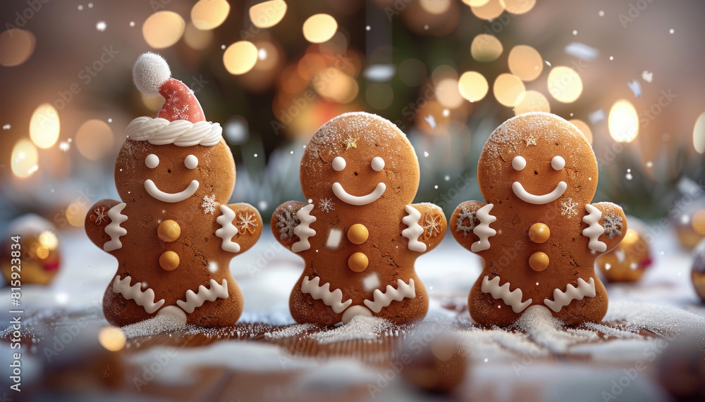 Three gingerbread men are smiling and wearing hats by AI generated image Three gingerbread men are smiling and wearing hats by AI generated image
