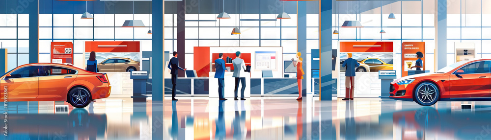 Automotive Dealership Showroom Floor: Displaying new car models, sales desks, automotive accessories, and customers browsing vehicles Automotive Dealership Showroom Floor: Displaying new car models, sales desks, automotive accessories, and customers browsing vehicles