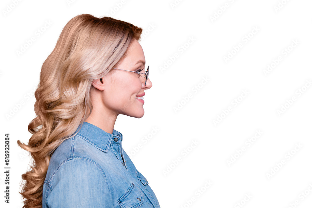 Fototapeta premium Close-up profile side view portrait of her she nice-looking cute charming attractive cheerful cheery optimistic wavy-haired lady isolated over gray purple violet pastel background