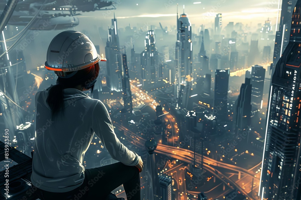 Woman in a hard hat overseeing a futuristic cityscape Woman in a hard hat overseeing a futuristic cityscape