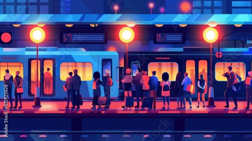 Train platform with high speed electric train. Passengers waiting for commuters on dark subway area with digital schedule, glow street lamps, Cartoon modern illustration.