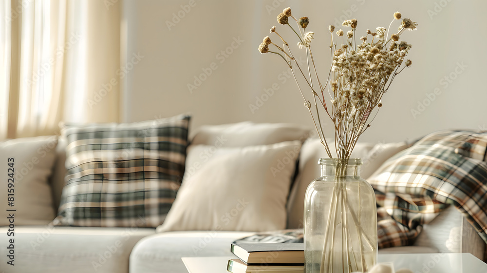 © Generative AI - Interior design of elegant and outstanding space with copy space beige sofa coffee table vase green plaid and books Beige wall Minimalist home decor Template : Generative AI