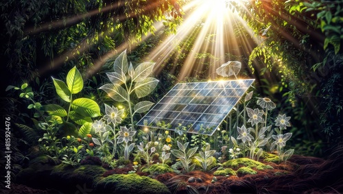 A surreal  fantastical photomanipulation depicting solar panels amidst a lush  mystical rainforest with glowing  ethereal flowers and foliage bathed in warm sunrays.
