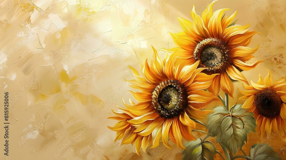 Fototapeta premium Sunflowers, oil painting, beige background, watercolor, vintage style