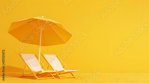 Beach chairs and umbrella on a yellow background, summer vacation concept, minimal style, banner with copy space area for text, 3d render style