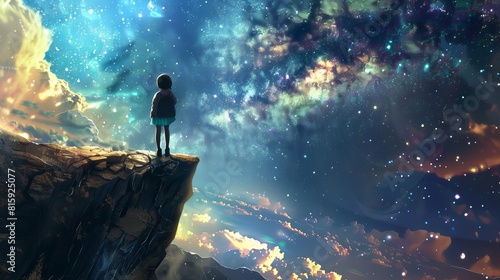 awestruck child standing at cliff edge gazing at glittering galaxy sky enchanting night landscape digital painting