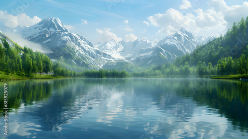 Tranquil Lake Reflection  Serene Scenery of Mountains and Forest with Copyspace  Ideal for Summer Retreats