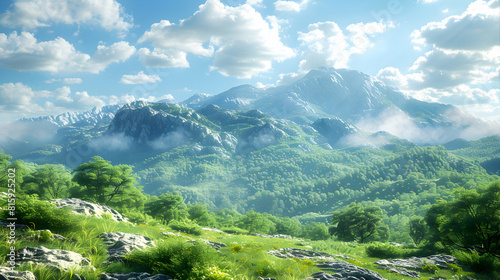 Breath Taking Scenic Mountain Landscape: Lush Greenery, Clear Skies, and Tranquility Ideal for Summer Captures with Copyspace