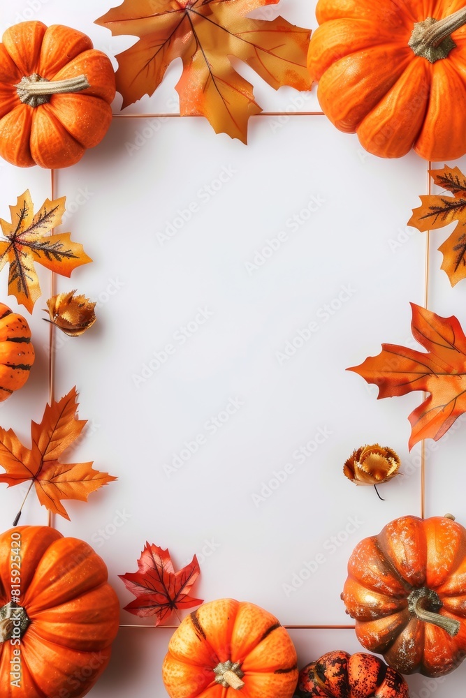 Fototapeta premium Frame design with pumpkins and orange autumn leaves. White background. Ready to use card, template for Halloween party invitation, season greeting etc. Blank space for text.