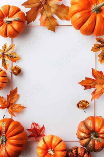 Frame design with pumpkins and orange autumn leaves. White background. Ready to use card  template for Halloween party invitation  season greeting etc. Blank space for text.
