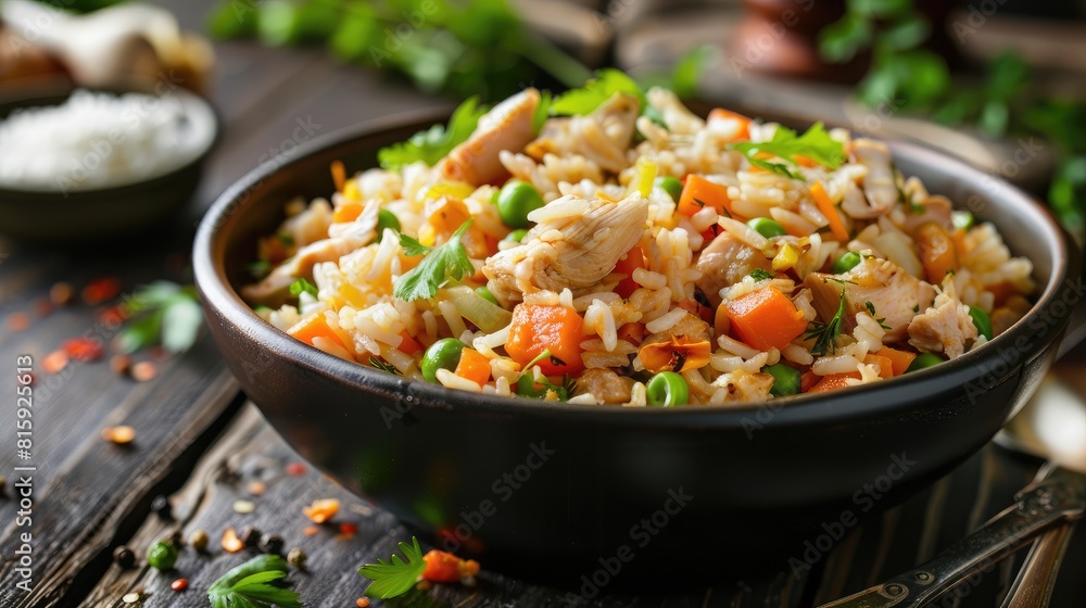 Mixed rice and vegetable dish with chicken meat Mixed rice and vegetable dish with chicken meat