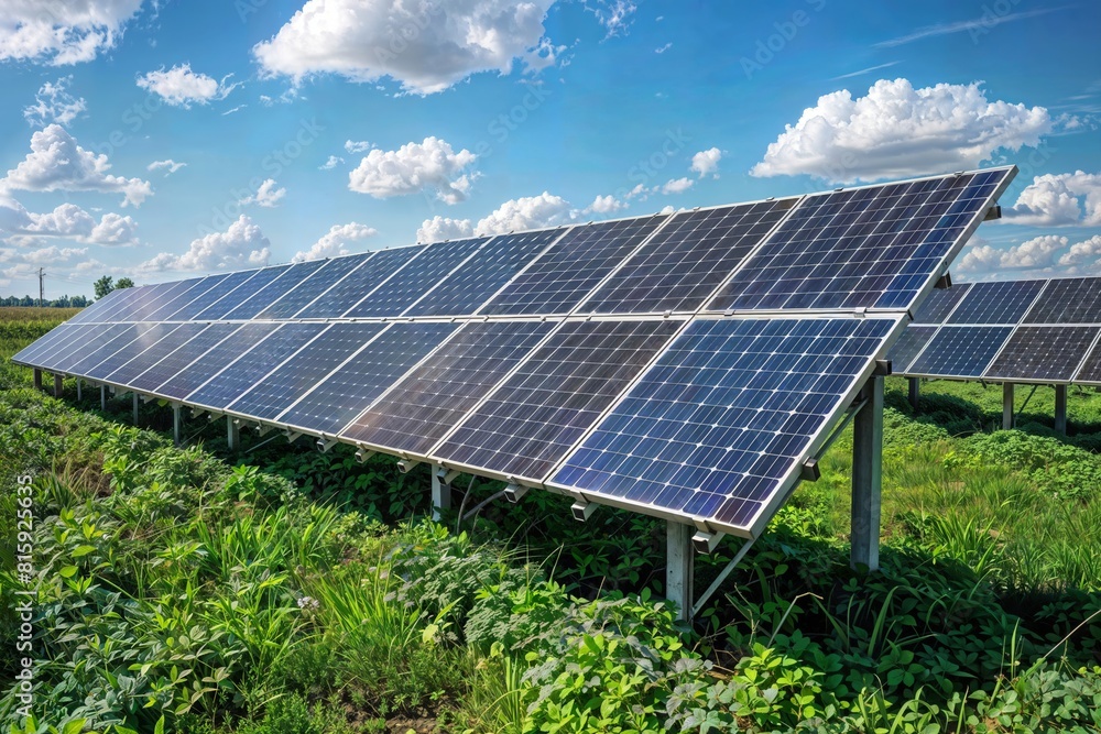Solar panel array in grassy field under blue cloudy sky, depicting renewable energy production from photovoltaic systems in rural setting. Solar panel array in grassy field under blue cloudy sky, depicting renewable energy production from photovoltaic systems in rural setting.