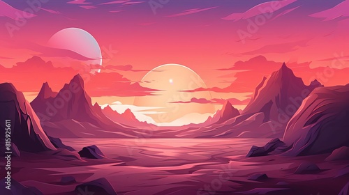 alien planet landscape flat design front view extraterrestrial theme cartoon drawing Splitcomplementary color scheme