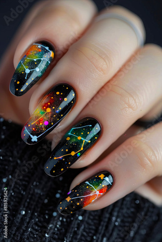 A woman holding up her nails with colorful stars and constellations.