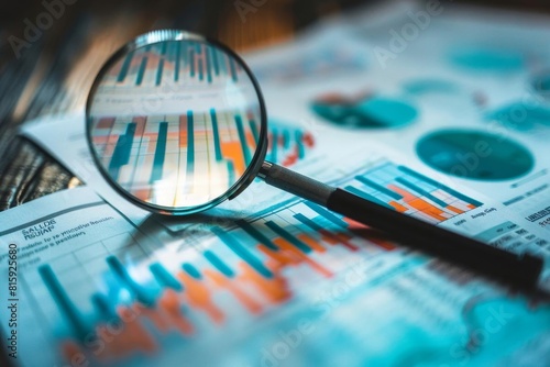 Analyzing economic data through a magnifying glass on documents photo