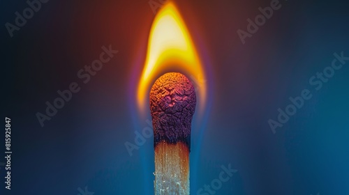 Close-up view of a matchstick just ignited, showcasing the vibrant flame burning brightly at the tip, dramatic lighting