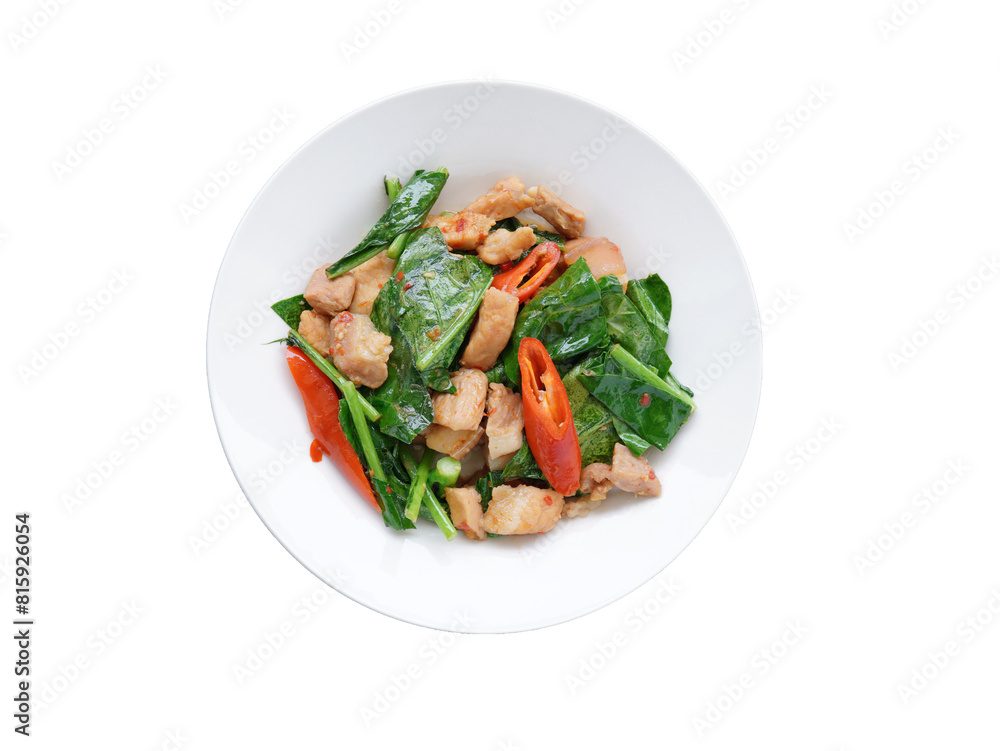 Thai food Stir-fried kale with shredded pork white background Thai food Stir-fried kale with shredded pork white background
