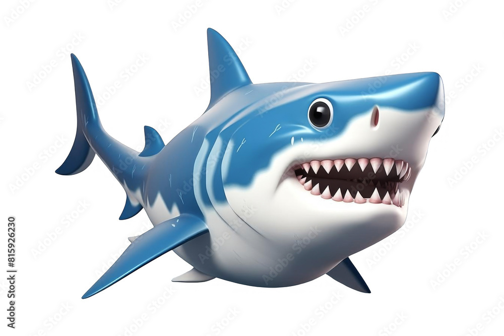 A cartoon shark with a big smile and sharp teeth. It has a blue body and white belly. A cartoon shark with a big smile and sharp teeth. It has a blue body and white belly.