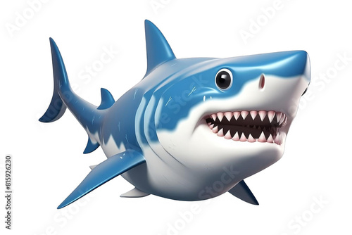 A cartoon shark with a big smile and sharp teeth. It has a blue body and white belly.