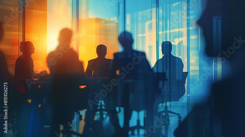 blurred silhouettes in pivotal management meeting glimpsed through frosted glass digital illustration