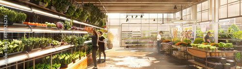 Urban Farming Co-op Floor: Showing hydroponic systems, vertical gardens, produce stands, and members cultivating crops photo