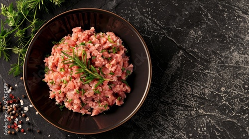 Top view of seasoned ground chicken, ready for making burgers, highlighting its lean quality and versatility, isolated background, studio lighting