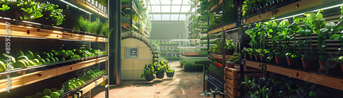 Urban Farming Co-op Floor: Showing hydroponic systems, vertical gardens, produce stands, and members cultivating crops