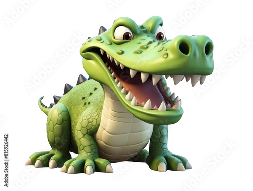 A cute green crocodile smiling with his sharp teeth showing.