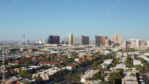 Aerial shot of Las Vegas City Strip Skyline Casinos Highway Car Traffic 21