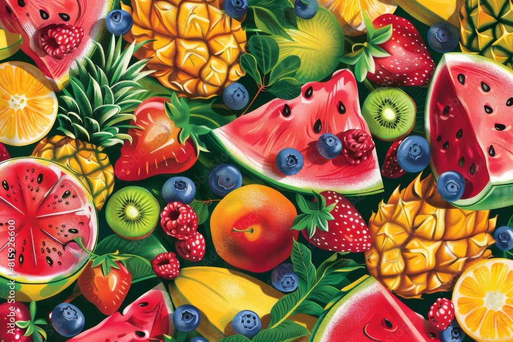 A stunning illustration of a vibrant assortment of ripe, juicy fruits, such as watermelon, pineapple, and strawberries, arranged in an enticing and mouthwatering pattern.